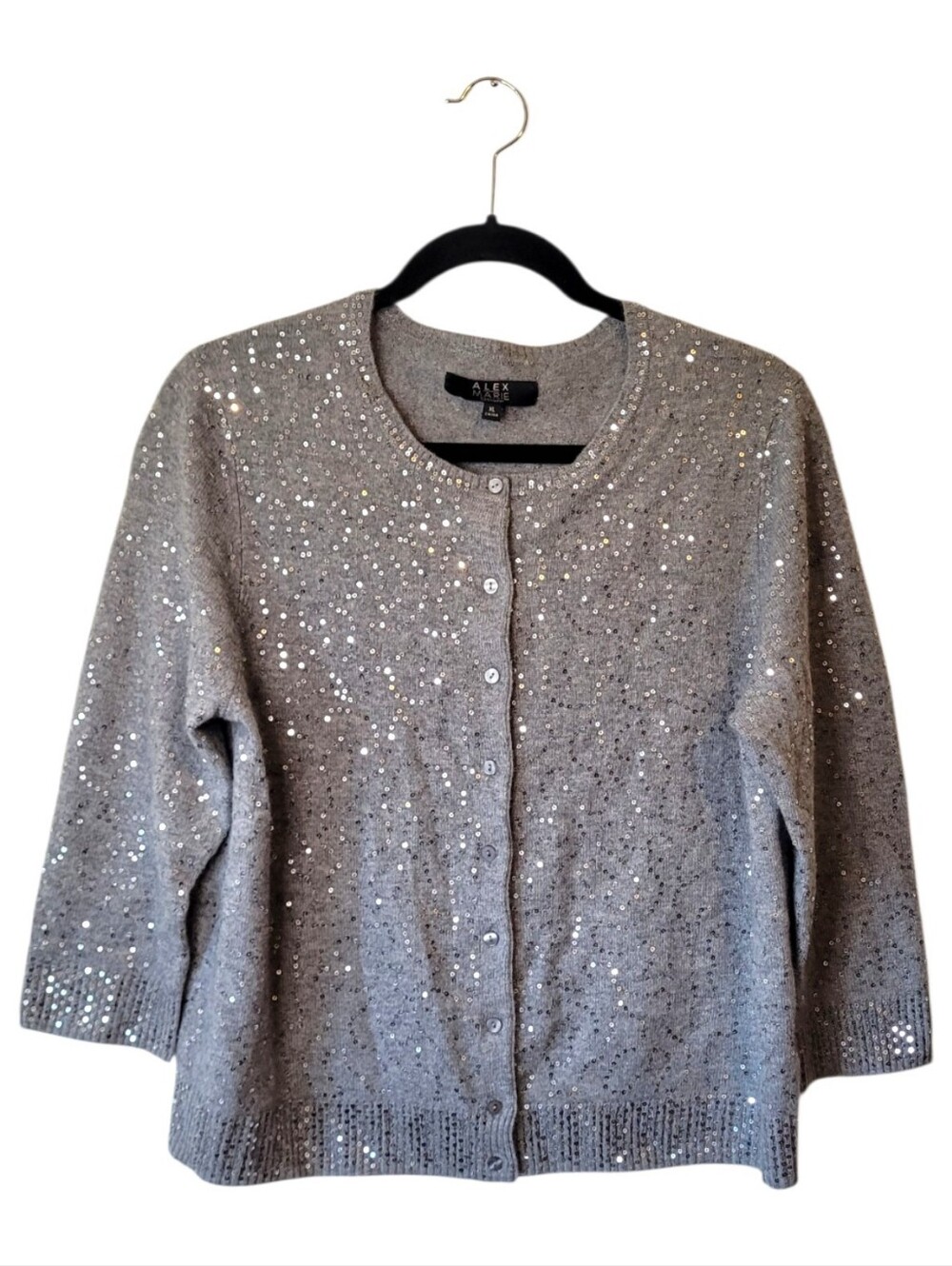 Alex Marie Evenings Cashmere Gray Sequin Cardigan Size XL